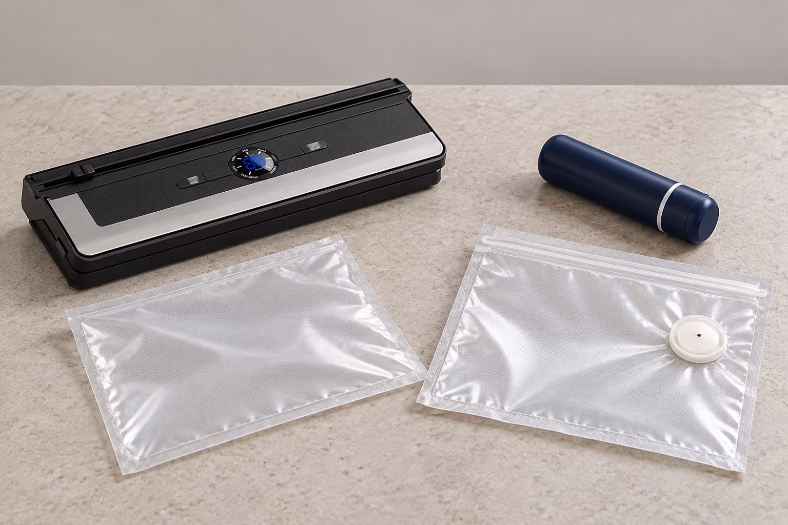 VATA22 avec un sachet gaufré et VAK07 près d’un sachet à fermeture et valve
