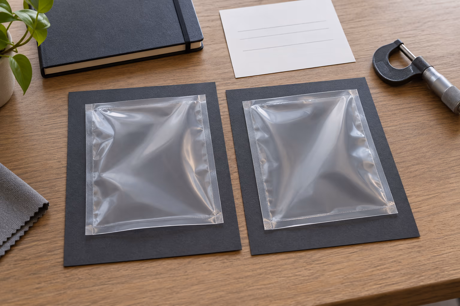 Clear film samples beside a blank specification sheet
