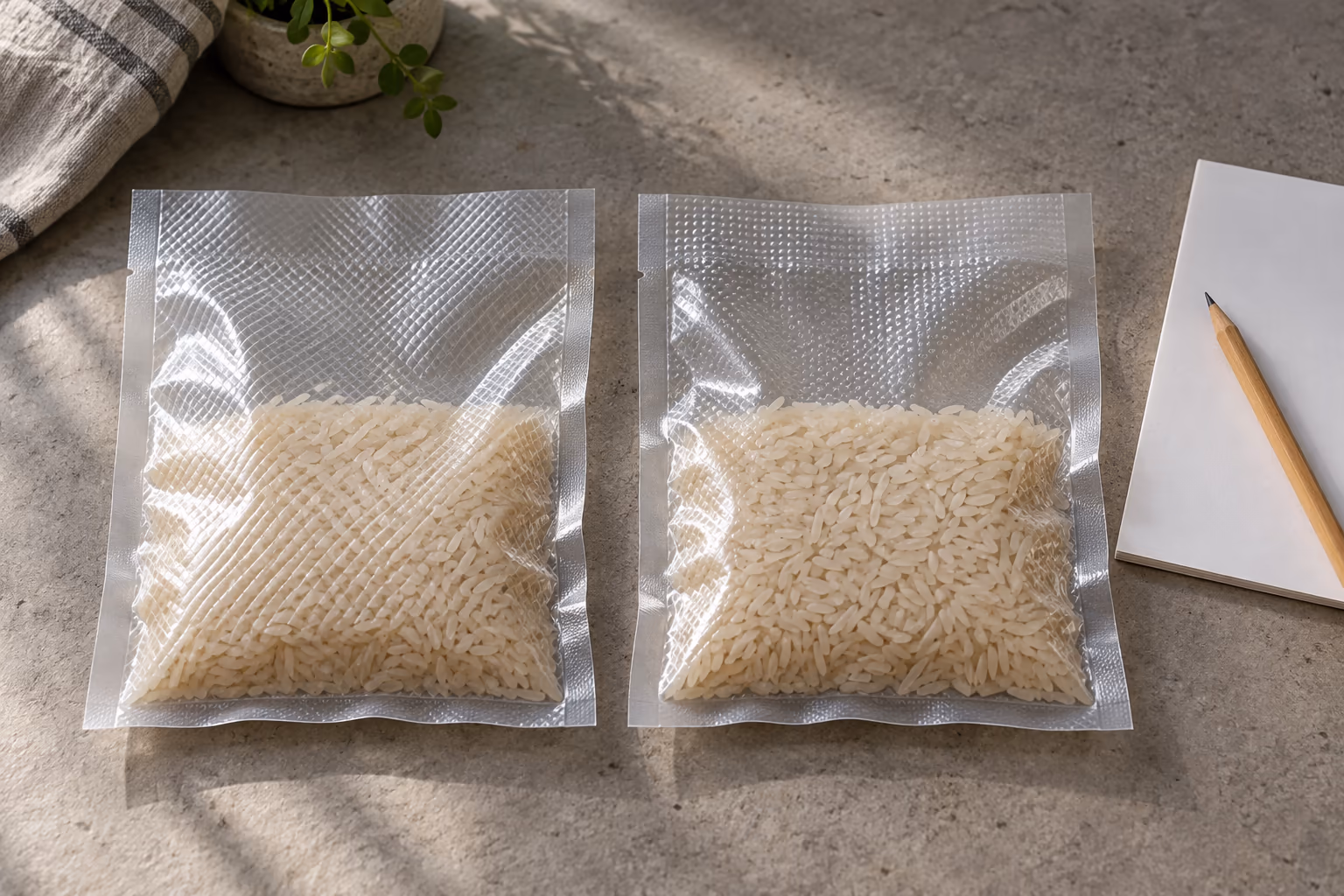 Porções iguais de arroz em amostras de sacos com textura de losangos e pontos
