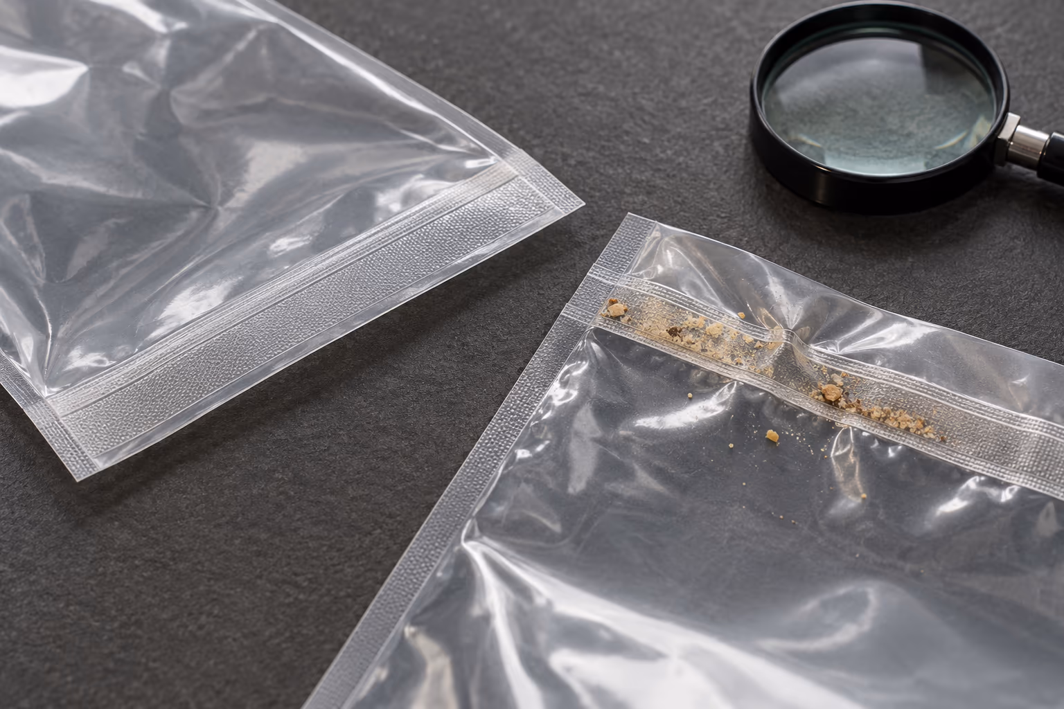 A clean flat pouch seal area beside a wrinkled area with crumbs
