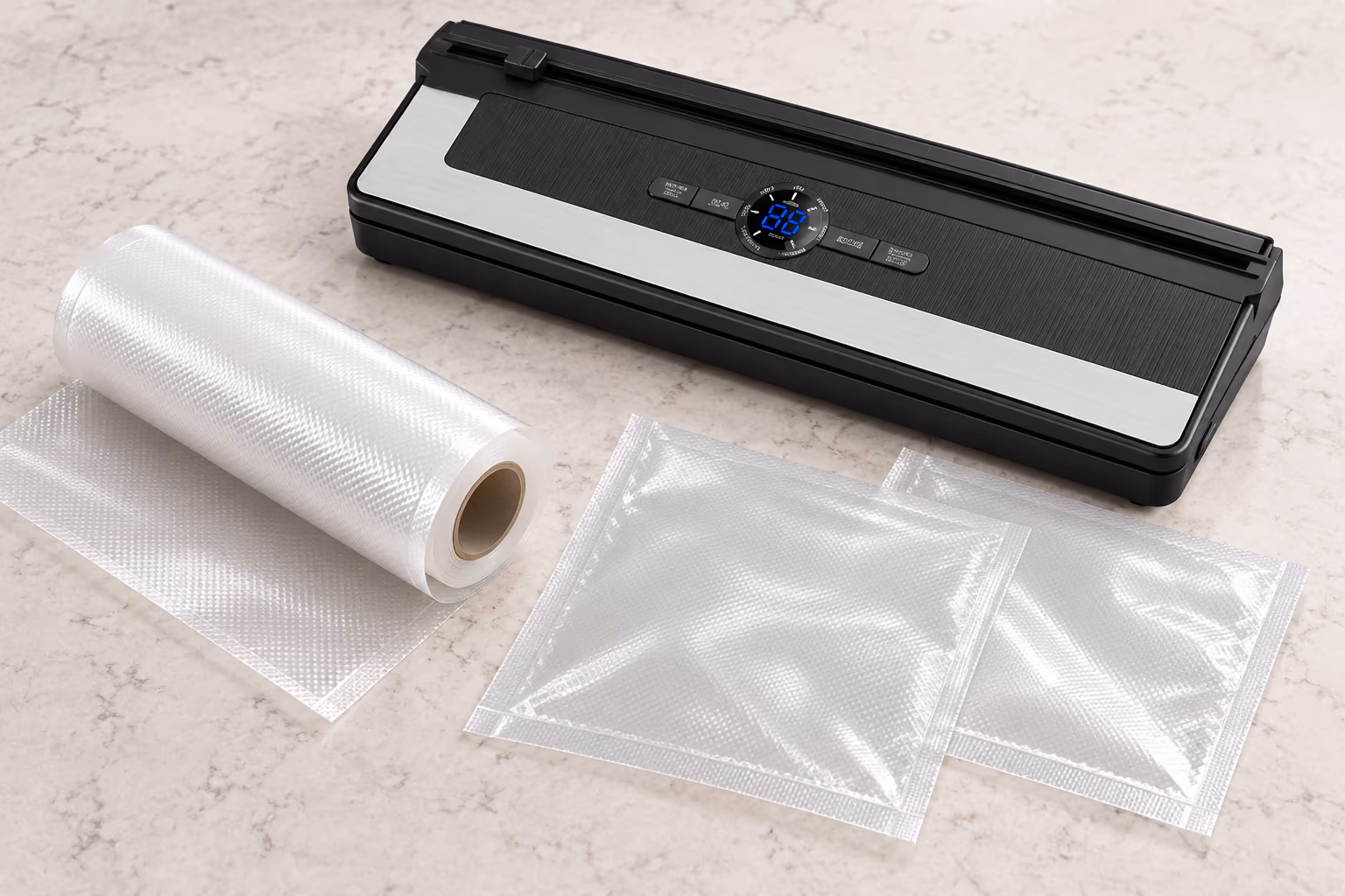 VATA22 vacuum sealer with an embossed film roll and empty premade vacuum pouches
